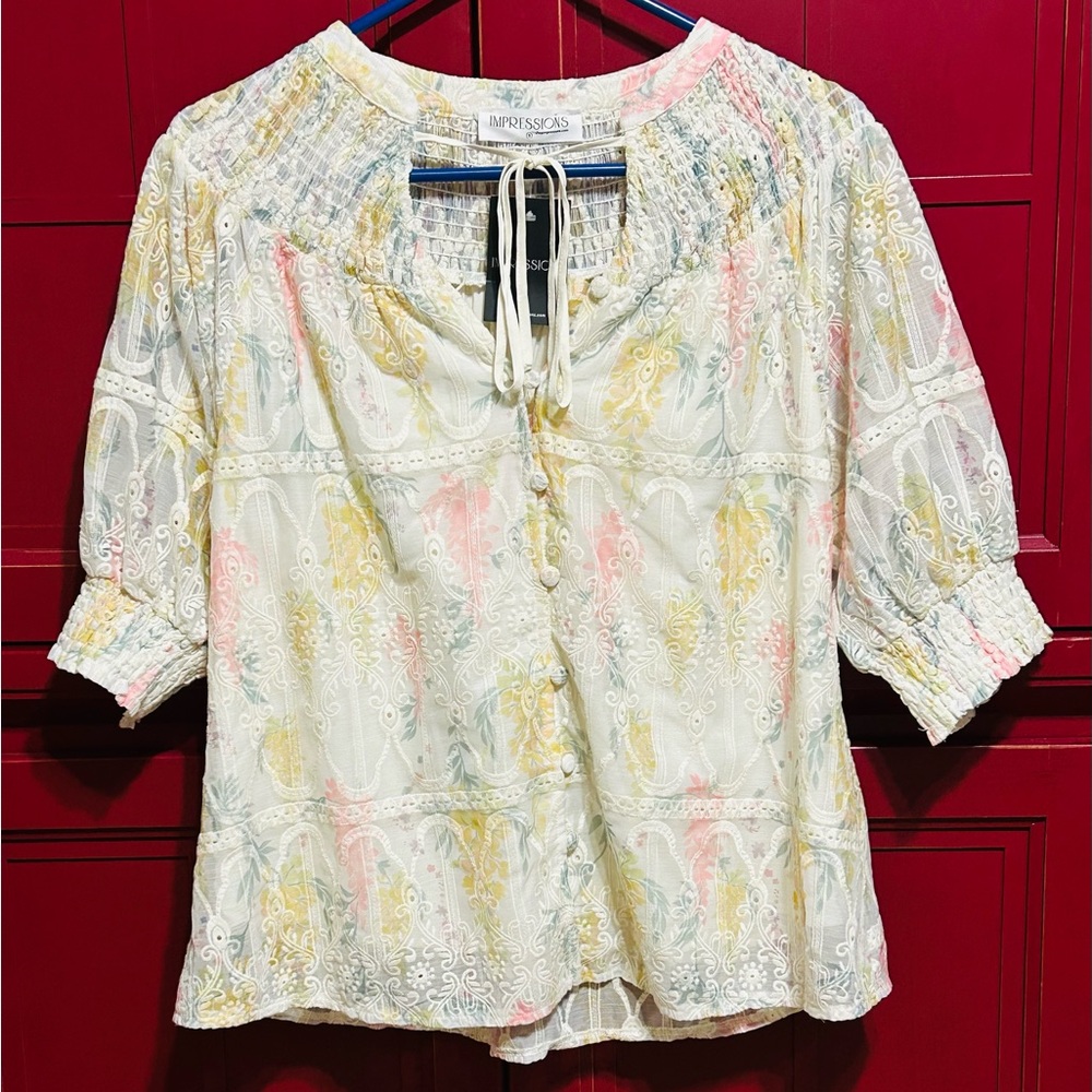 Impressions pastels on white Smocked Blouse with Tie Front